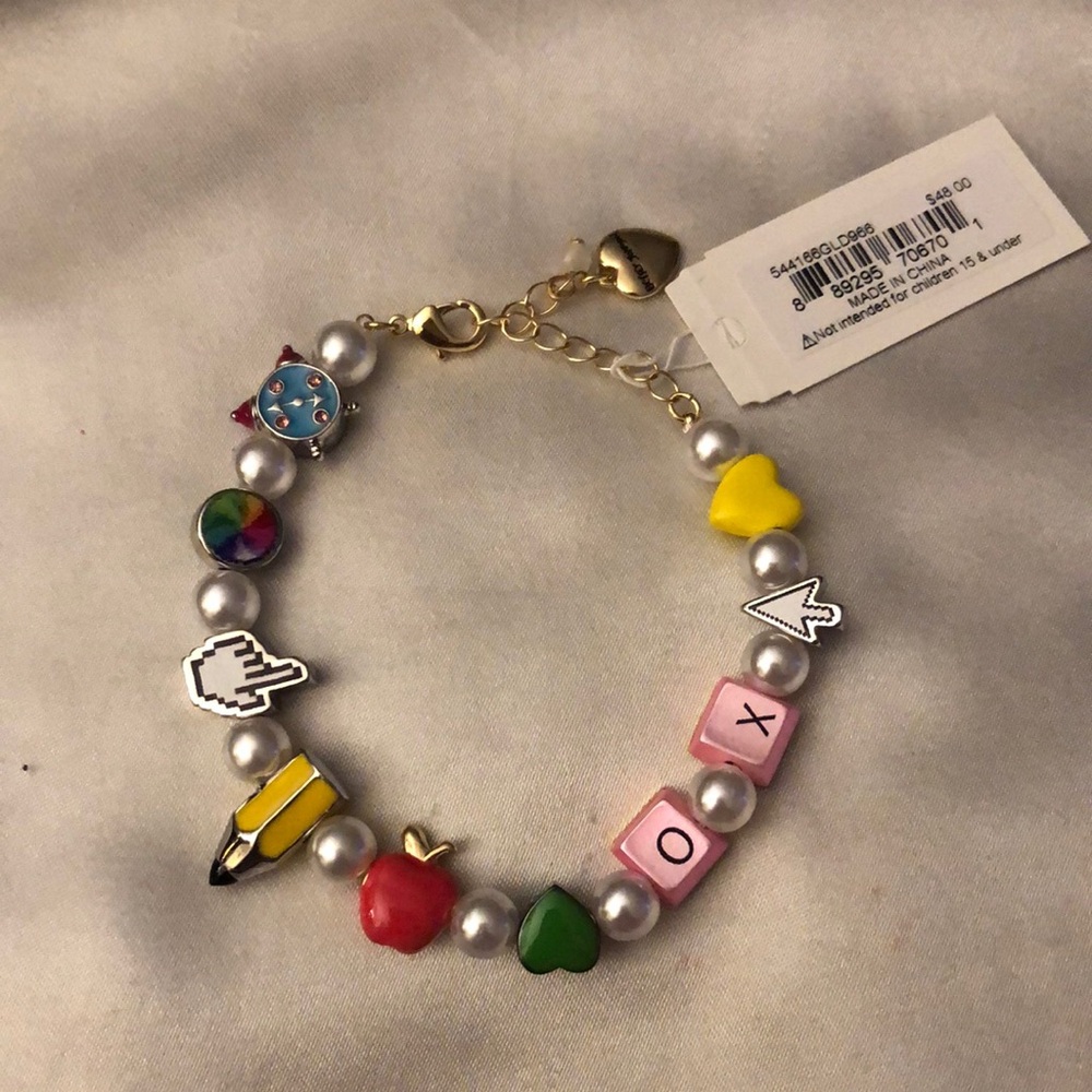 Betsey Johnson Gold Tone & Faux Pearl Back to School Charm Bracelet NWT